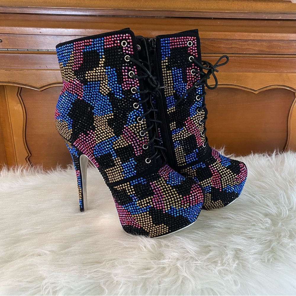 Sheikh Platform Stiletto Ankle Boots, Multi Color Studded Rhinestones